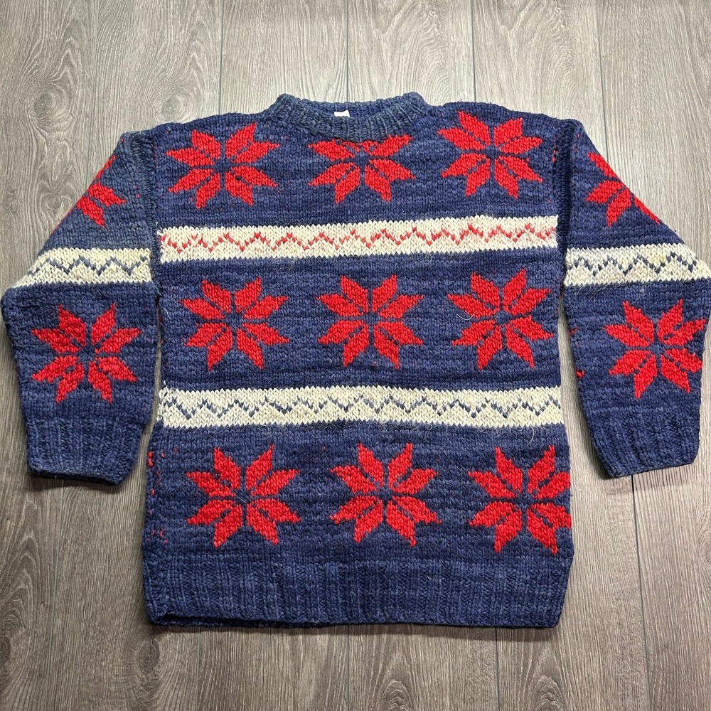 Vintage Nordic Snowflake Wool Sweater Mens Large Navy Red Hand Knit Ecuador